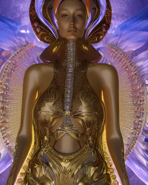 Image similar to a highly detailed metahuman 4 k close up render of an alien goddess bella hadid monument jibaro in iris van herpen dress schiaparelli in diamonds crystals swarovski and jewelry iridescent in style of alphonse mucha gustav klimt trending on artstation made in unreal engine 4