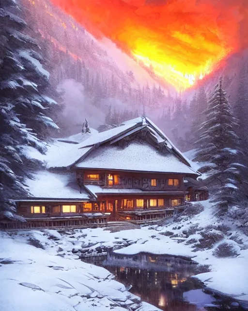 Image similar to mountain chalet covered in fire, smoke, sunrise, snow, sharp details, sharp focus, elegant, highly detailed, illustration, by Jordan Grimmer and greg rutkowski and PiNe(パイネ) and 薯子Imoko and 香川悠作 and wlop and maya takamura, intricate, beautiful, Trending artstation, pixiv, digital Art