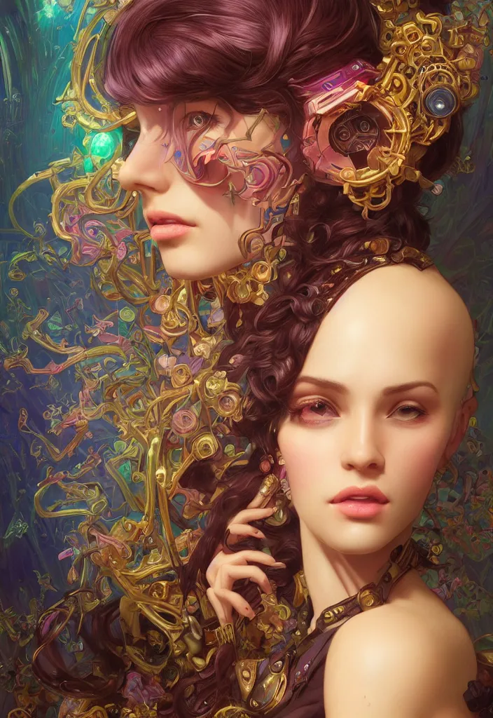 Prompt: beautiful, young woman, detailed gorgeous face, magical, steampunk, vaporwave aesthetic, synthwave, colorful, psychedelic, artstation, concept art, smooth, extremely sharp detail, finely tuned detail, ultra high definition, 8 k, unreal engine 5, ultra sharp focus, illustration, art by artgerm, greg rutkowski and alphonse mucha