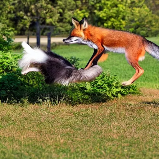 Prompt: fox jumping over a cute sleeping dog