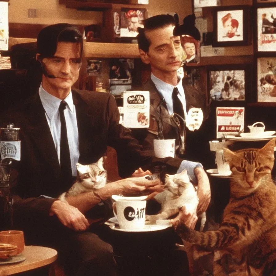 Prompt: special agent dale cooper at a cat cafe, twin peaks, television 1980s