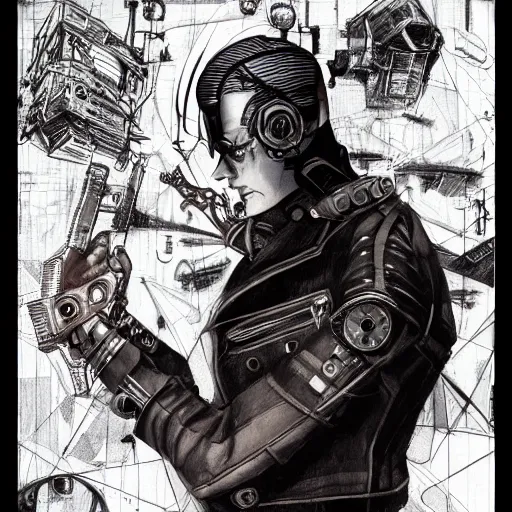 Image similar to cyborg male, slim, short hair, small scar on the chin, leather jacket with steampunk elements, one robotic arm and big shoes, book cover, deep shadows, by Dave McKean sketch lineart for character design