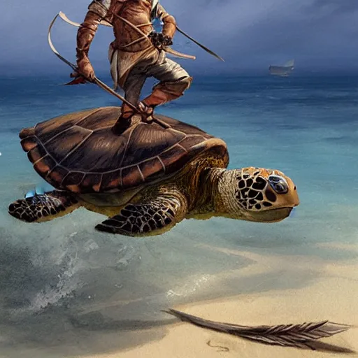 Image similar to man riding sea turtle with a spear, geog darrow greg rutkowski