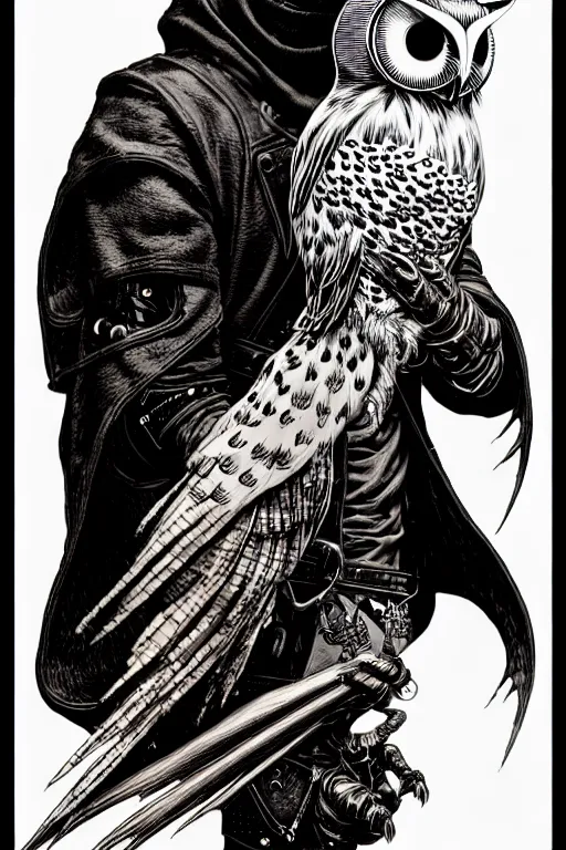 Image similar to side view of a hooded steampunk alchemist wizard holding his majestic owl on glove, high details, bold line art, by vincent di fate and joe fenton, inking, etching, screen print, masterpiece, trending on artstation, sharp, high contrast, hyper - detailed,, hd, 4 k, 8 k