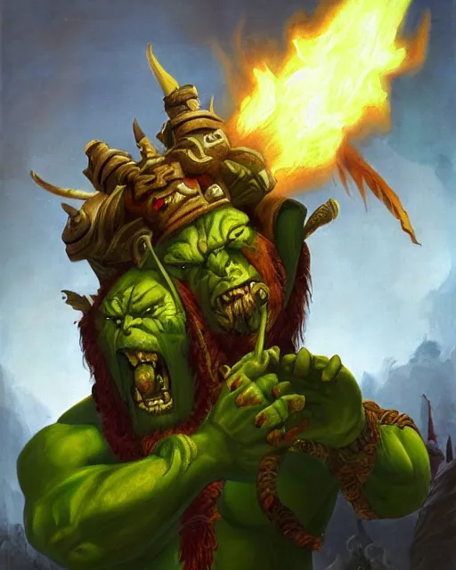 Image similar to a renaissance style portrait painting of a world of warcraft orc, garrosh hellscream, holding green fire. top left warm lighting