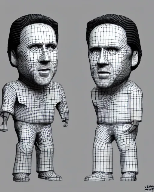 Image similar to full body 3d render of Nicolas Cage as a bobble head, studio lighting, white background, blender, trending on artstation, 8k, highly detailed , intricate details