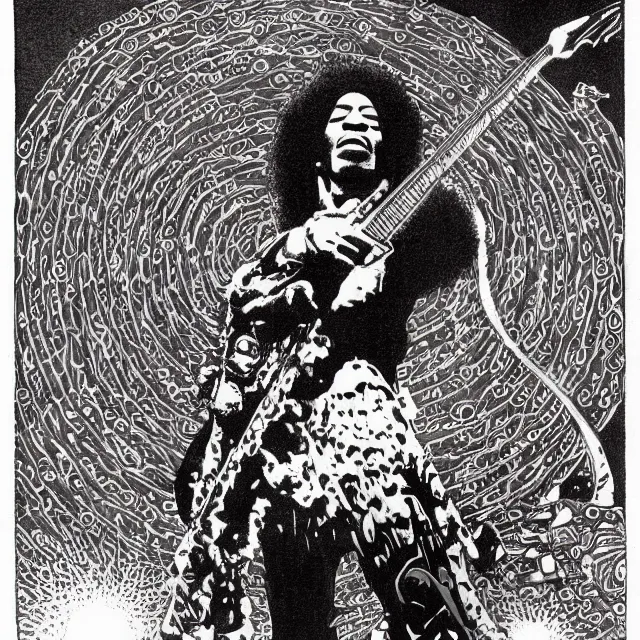 Image similar to jimi hendrix standing in a voodoo circle at the beginning of the world by jean giraud and moebius