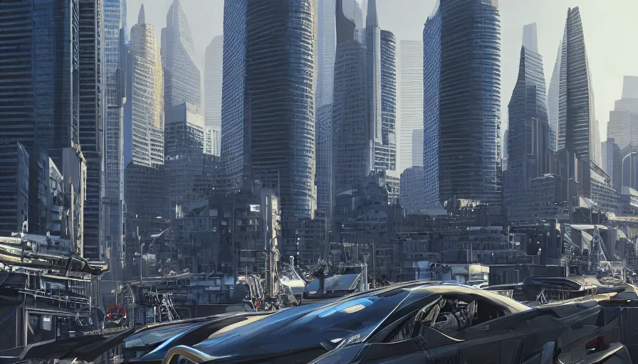 Prompt: san francisco with humongous metallic glass buildings, futuristic cars in the streets, sunlight between the buildings, hyperdetailed, artstation, cgsociety, 8 k