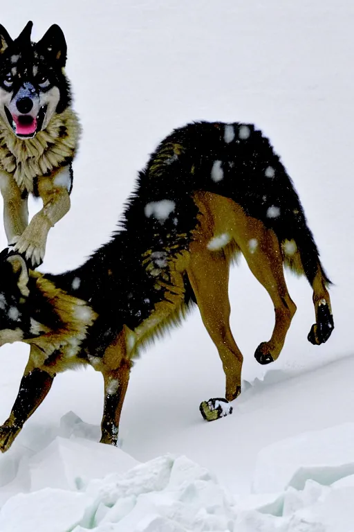 Prompt: kylie jenner mountain climbing on everest with wolves and african wild dogs in a snowstorm