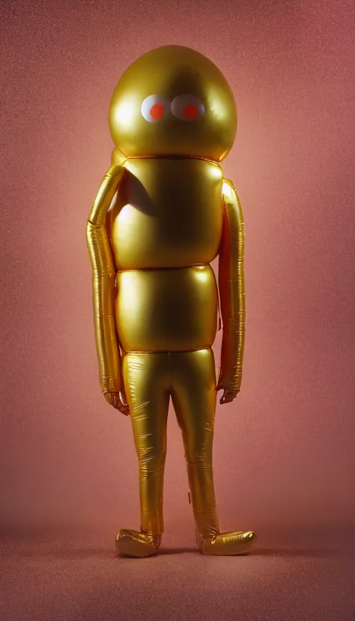 Prompt: a single striding slender figurine of a tall giant inflated space man wearing over sized gold teal puffy bomber jacket, long bendy arms and legs, googly eyes, tareme eyes, small head, dynamic pose, detailed product photo, tone mapped, beautiful composition, orange mist swirling at feet, 8 5 mm, f 5. 8