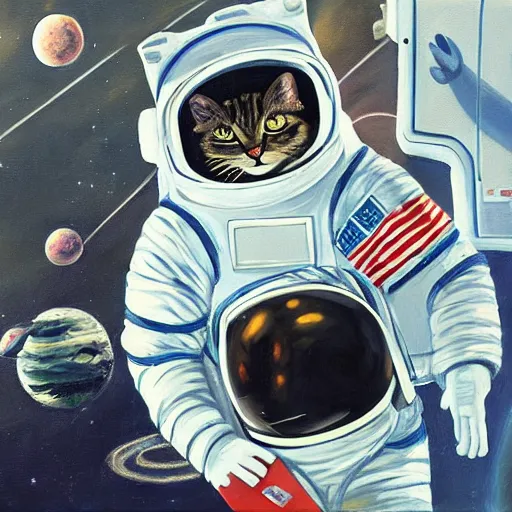 Prompt: a cat astronaut in front of a space station, oil painting
