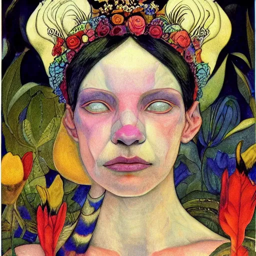 Image similar to the bone crown, by annie swynnerton and leo and diane dillon and ( diego rivera ) and adolf wolfli, elaborate costume, flowers, iridescent beetles, rich color, dramatic cinematic lighting, smooth, sharp focus, extremely detailed