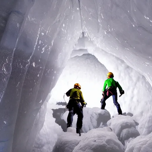 Prompt: photo realistic explorers climbing through massive ice cave -n 6