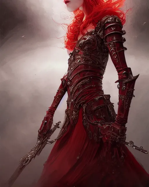 Image similar to redhead queen in heavy red armor, inside an epic gothic castle, baroque, large crown, face with scars, mad grin, intimidating, ominous, high fantasy, intricate detail, digital painting, artstation, concept art, smooth, sharp focus, illustration, art by yoshitaka amano and monia merlo and wlop