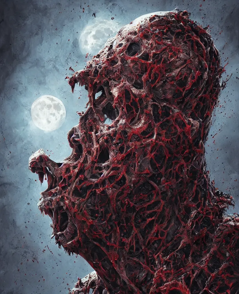 Image similar to moon made from thousands of rotten demonic bloody corpses of Nicolas Cage, body horror, flesh, blood, grotesque hell, highly detailed, vivid colors, dark shadows, contrast, concept art, sharp focus, digital art, Hyper-realistic, 4K, Unreal Engine, Highly Detailed, Dramatic Lighting, Beautiful, by Brom, bastien lecouffe-deharme