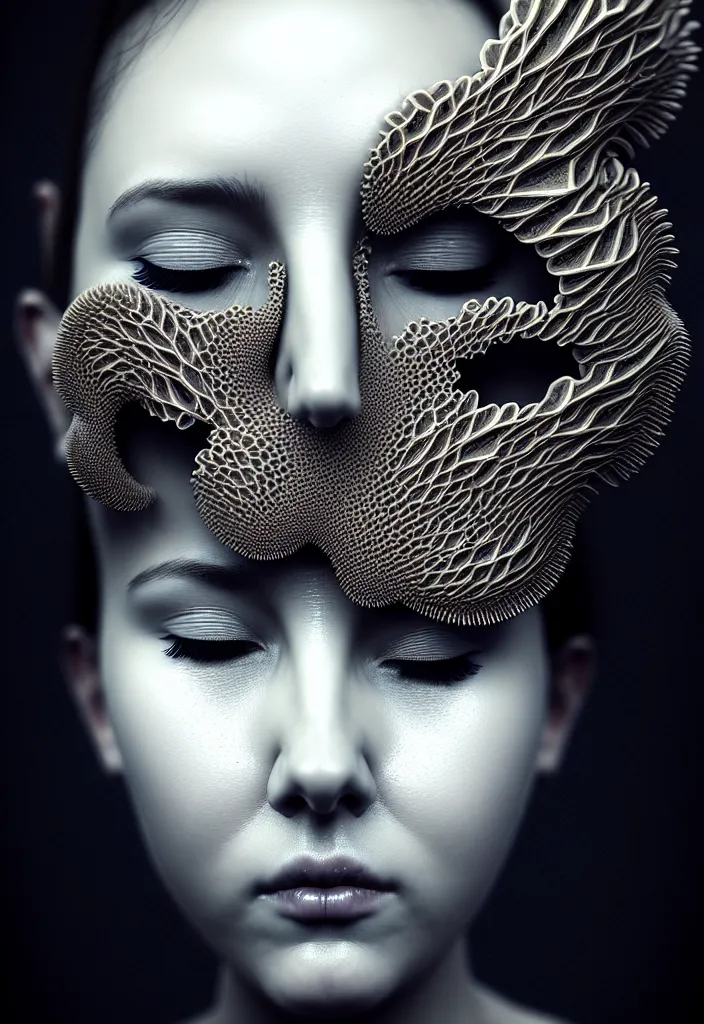 Prompt: one young beautiful woman with eyes closed, with a mandelbulb mask. fractal, speed painting, scribble art, octane render, portrait. behance, artstation, black and white. intricate detail, beautiful, moody, cinematic. futurism, Unreal Engine, photorealistic.