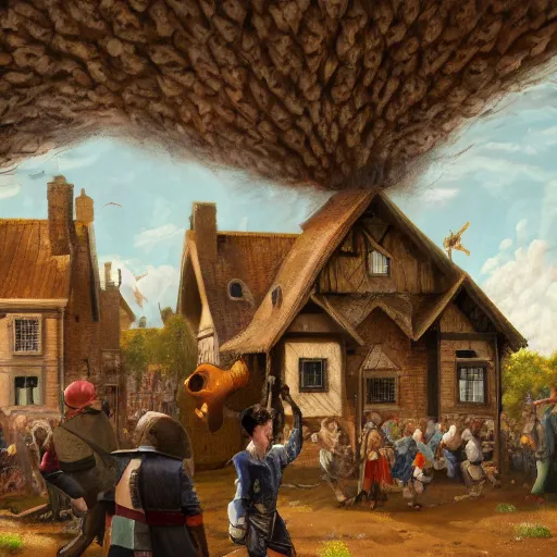 Image similar to a highly detailed oil painting of a giant rabbit smashing houses, renaissance, bystanders watching from the sides, 4 k, by ariduka 5 5, monokubo, artstation,