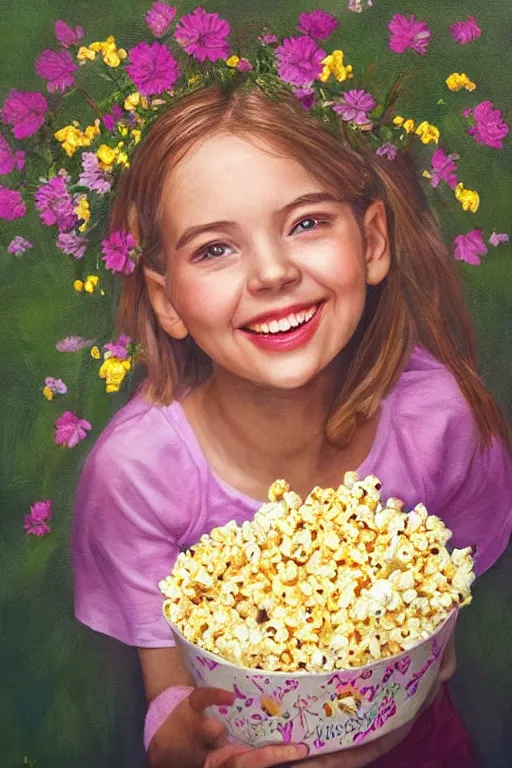 Image similar to portrait ancient of a happy girl, lots of flowers and popcorn around, hyperrealistic, hightech