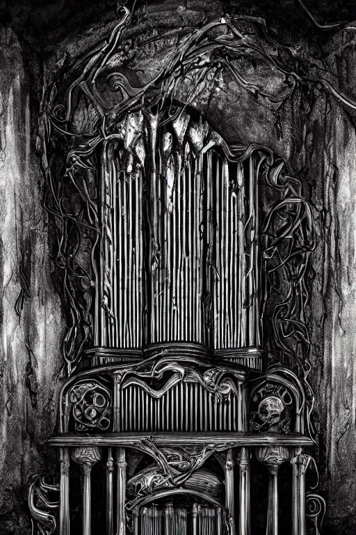 Image similar to ornate stone pipe organ drenched in black goop and machinery, lovecraftian, horror art, 4K, dark art, artstation, dramatic lighting,