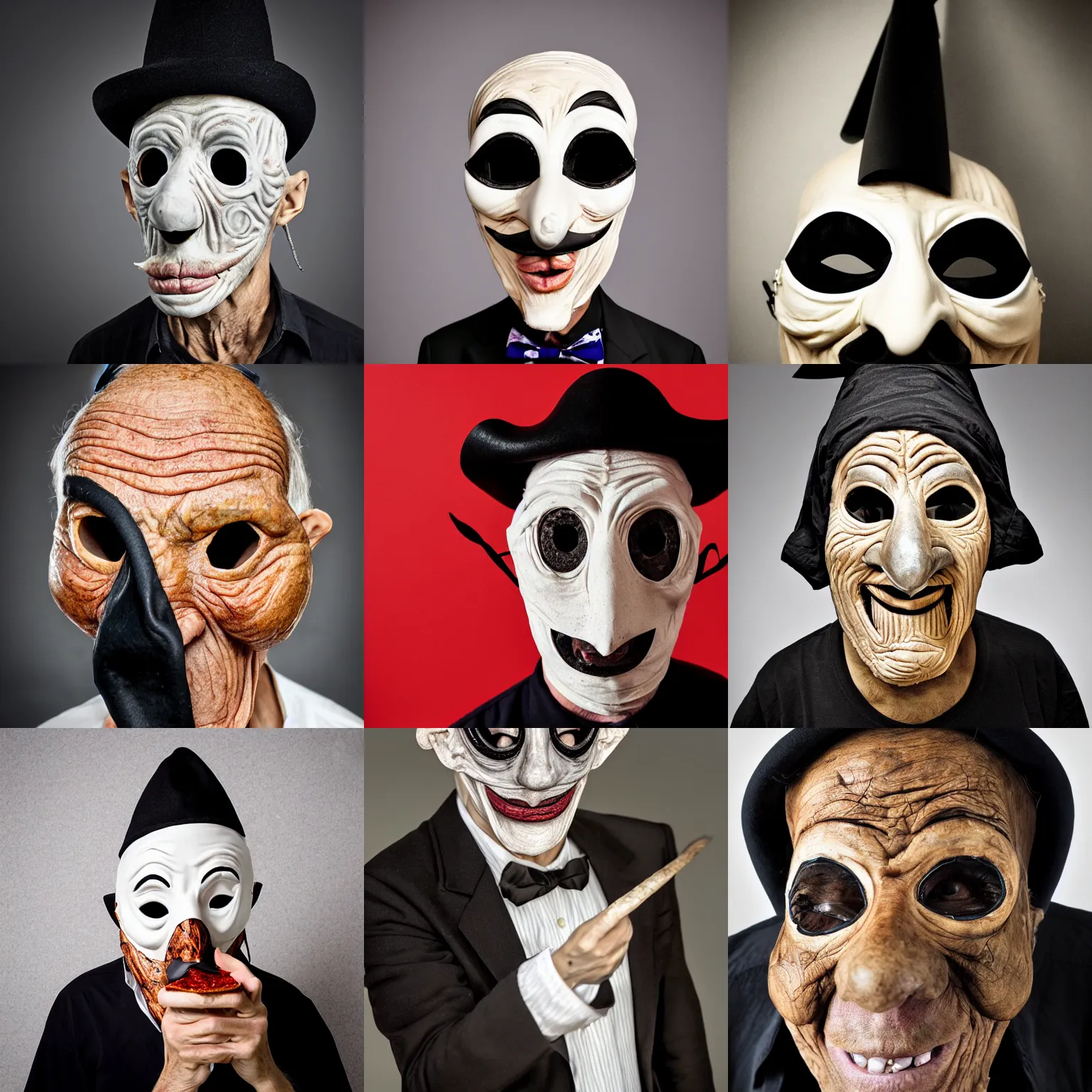 Prompt: portrait photo of an old wrinkled man, skinny face, bony face, long nose, crooked nose, large full mouth, black pulcinella masquerade mask, pointy conical hat, white wrinkled shirt, presenting pizza, black background, close - up, skin blemishes, menacing, intimidating, masterpiece by manny librodo