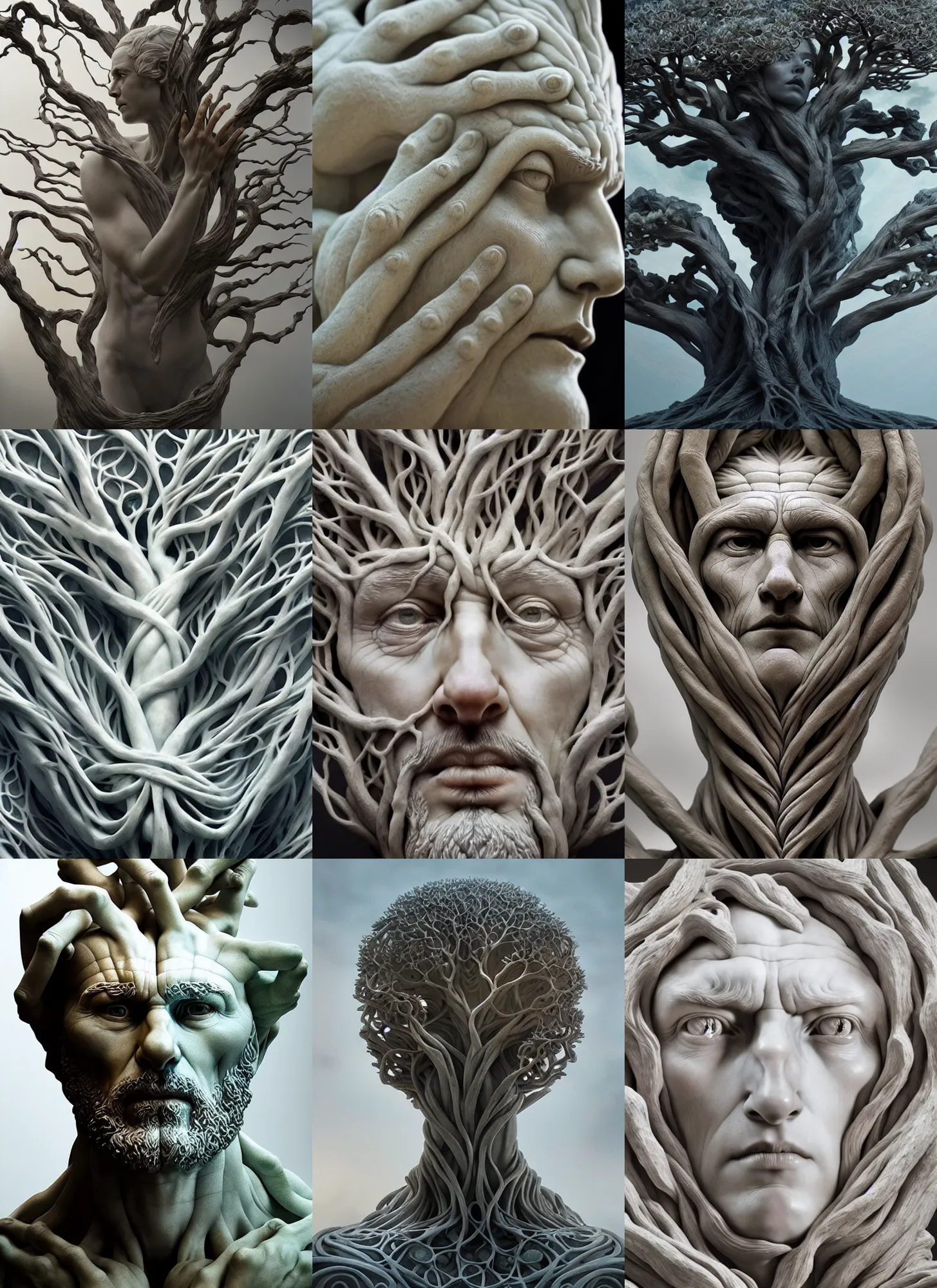 Image similar to beautiful closeup portrait of tree of life marble sculpture by greg rutkowski, josan gonzalez, rodin, michelangelo, cinematography by christopher nolan, imaginative, creative, emotion : madness