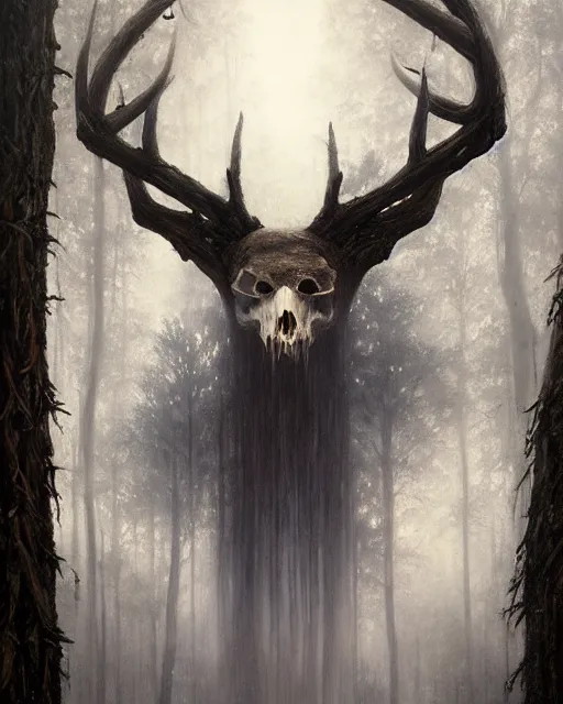 Image similar to oil painting of forest spirit made out of wooden sticks with a deer skull for a face, dark forest, fog, dark fantasy, gloomy, pale colors, by greg rutkowski