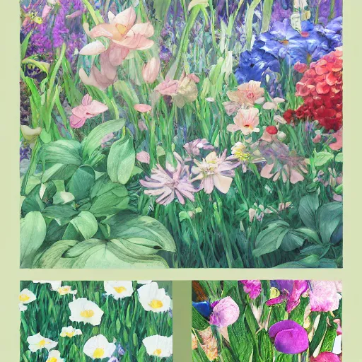 Image similar to synthetic elements of gouache painting of flowers and flower borders source material collection, style of studio ghibli, makoto shinkai, raphael lacoste, louis comfort tiffany, artgerm, james jean, ross tran