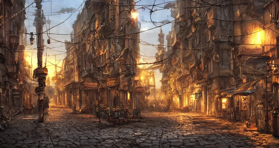 Image similar to steampunk city streets by guido borelli da caluso, junk everywhere, wires hanging, atmospheric, dramatic lighting, octane render trending on artstation