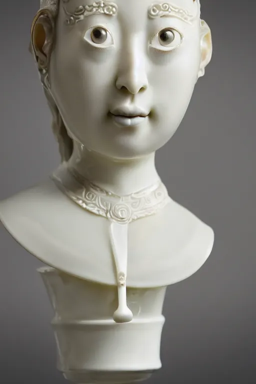 Prompt: full head and shoulders, beautiful female porcelain sculpture, smooth, painted willow tea cup features, delicate facial features, white eyes, white lashes, giant sculpture in ornate french ballroom, by daniel arsham and jeff moons