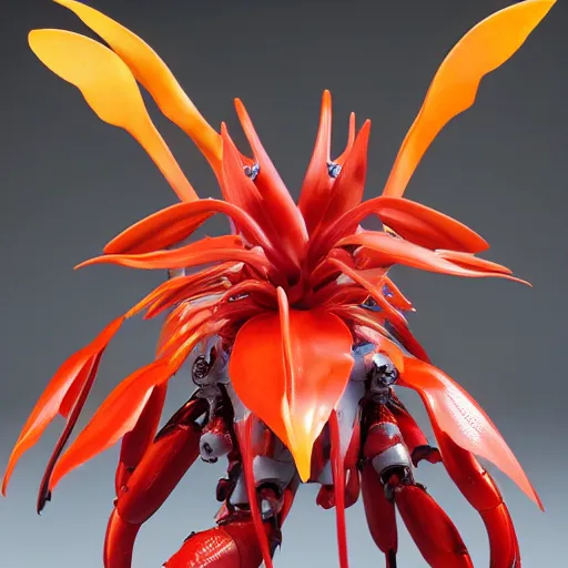 Image similar to futuristic heliconia rostrata mecha lobster claw plant body, sepals forming helmet, floral details, heliconia, 8 k hd resolution, barbatos gundam with floral inlay, bandai box art, star wars, makoto kobayashi, frank gehry, raymond swanland