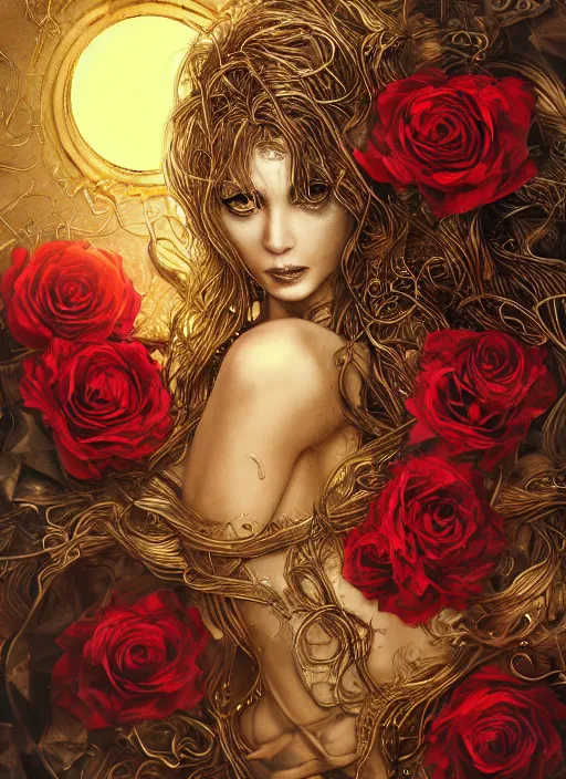 Image similar to glowing golden elements at frame borders, portrait, A beautiful dark witch in front of the full big moon, book cover, red roses, red white black colors, establishing shot, extremly high detail, foto realistic, cinematic lighting, pen and ink, intricate line drawings, by Yoshitaka Amano, Ruan Jia, Kentaro Miura, Artgerm, post processed, concept art, artstation, matte painting, style by eddie, raphael lacoste, alex ross