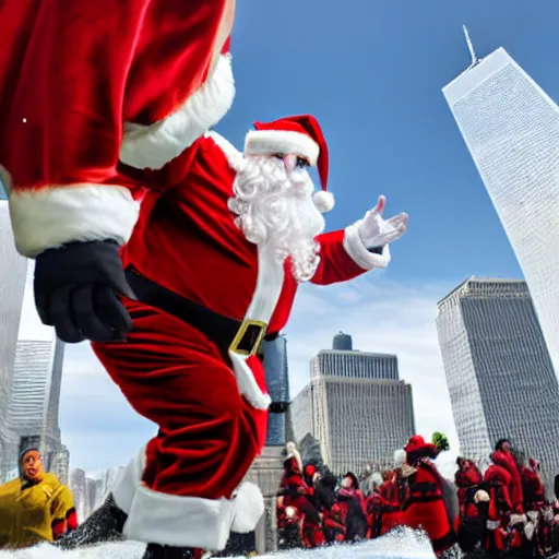 Prompt: santa claus in sleigh crashing directly into world trade center