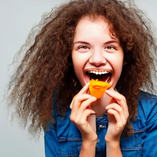 Prompt: a girl with a big teeth and she's eating a carrot photo - realistic