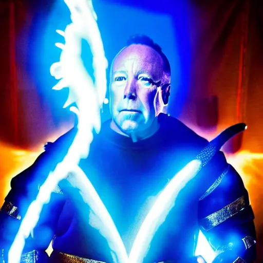 Prompt: uhd candid photo of alex jones as a dbz character, glowing blue, global illumination, radiant light, detailed, intricate costume. photo by annie leibowitz