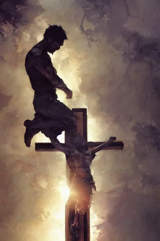 Image similar to man kneeling at the foot of a wooden cross, dramatic lighting art by Yoji Shinkawa by Richard Schmid by greg rutkowski by Sandra Chevrier by Jeremy Lipking cinematic dramatic, by frank miller, illustration by Ruan Jia and Mandy Jurgens and William-Adolphe Bouguereau, Artgerm, 4k, digital art, surreal, space dandy style, highly detailed, godsend, artstation, digital painting, concept art, smooth, sharp focus, illustration by Ruan Jia and Mandy Jurgens and William-Adolphe Bouguereau, Artgerm