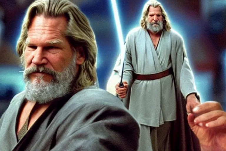 Image similar to Jeff Bridges from The Big Lebowski as a Jedi bowling in Star Wars