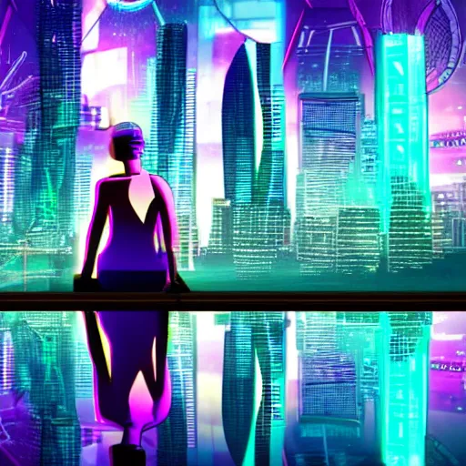 Prompt: cyberpunk city with a woman with a side head shave. city lights of aqua, green, and purple neon lighting, reflections