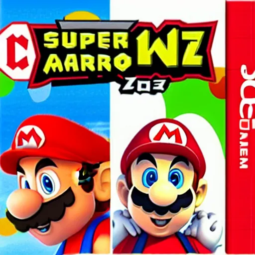 Prompt: Mario with gun on the cover of Super Mario Warzone, Nintendo DS, 2005, cover art