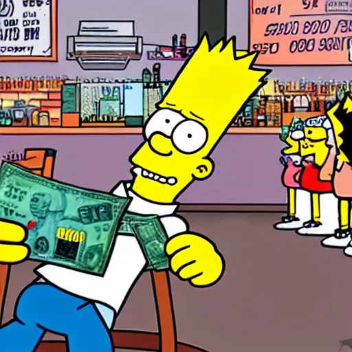 Prompt: full body action shot of Bart Simpson at the club partying and taking selfies with friends and a pile of cash in the background in GTA V or GTA VI, 8K, highly detailed, photo realistic