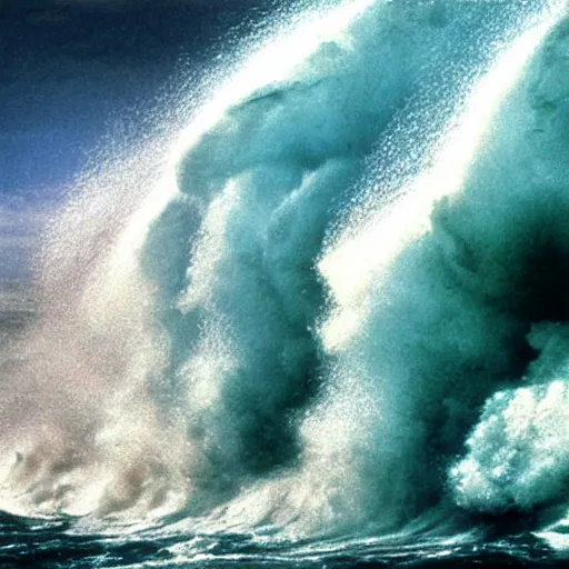 Prompt: cinematic still of mountains rising from the oceans, waves dividing as land emerges, storm, energy, miracle, dramatic angles, from Biblical epic by Steven Spielberg