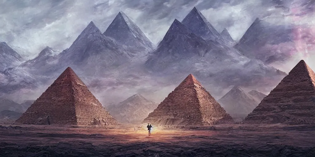 Image similar to an alien pyramid landscape , art station, landscape, concept art, illustration, highly detailed artwork cinematic, hyper realistic painting