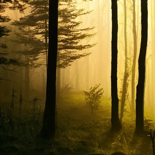 Prompt: forrest, mist, evening, dramatic shadows