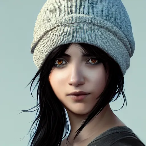 Prompt: a black haired girl wearing a beanie, digital art, 8 k resolution, unreal engine, highly detailed, pretty face, very beautiful face, very detailed eyes, photorealistic by wlop, greg rutkowski