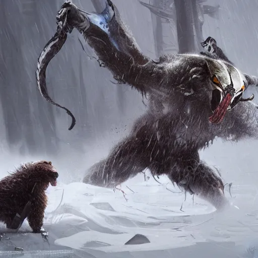 Image similar to An image of The predator from Prey Movie, attacking the bear, Greg Rutkowski, Ditigal Art, trendstation