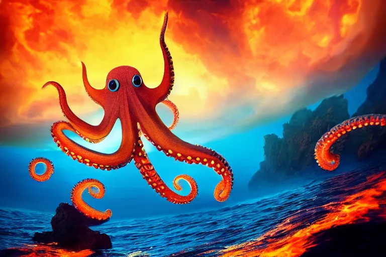Image similar to an octopus with fire on its tentacles is jumping from the sea, strong waves, puffy clouds, orange end blue palette, 4k, ultra details, cinematic, epic style, beautiful photo, hyper realistic, octane render, unreal engine, award winning, on artstation, volumetric lightning, masterpiece, golden hour,
