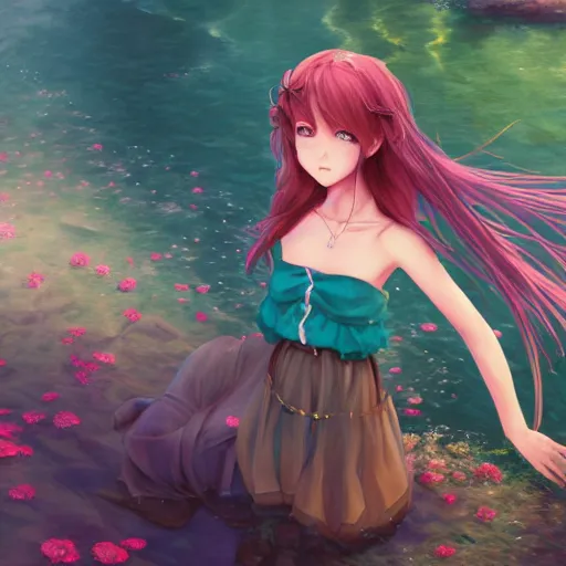 Image similar to a very beautiful anime girl, cottagecore witch, rosy hair, teal clothing, summer lake setting, highly detailed, trending on Artstation, Unreal Engine 4k, cinematic wallpaper by Stanley Artgerm Lau, WLOP, Rossdraws, James Jean, Andrei Riabovitchev, Marc Simonetti, and Sakimichan