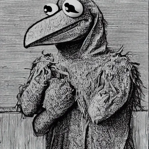Prompt: Kermit the Frog as an actual human being by Gustave Dore, Sesame Street, intricate, very very detailed