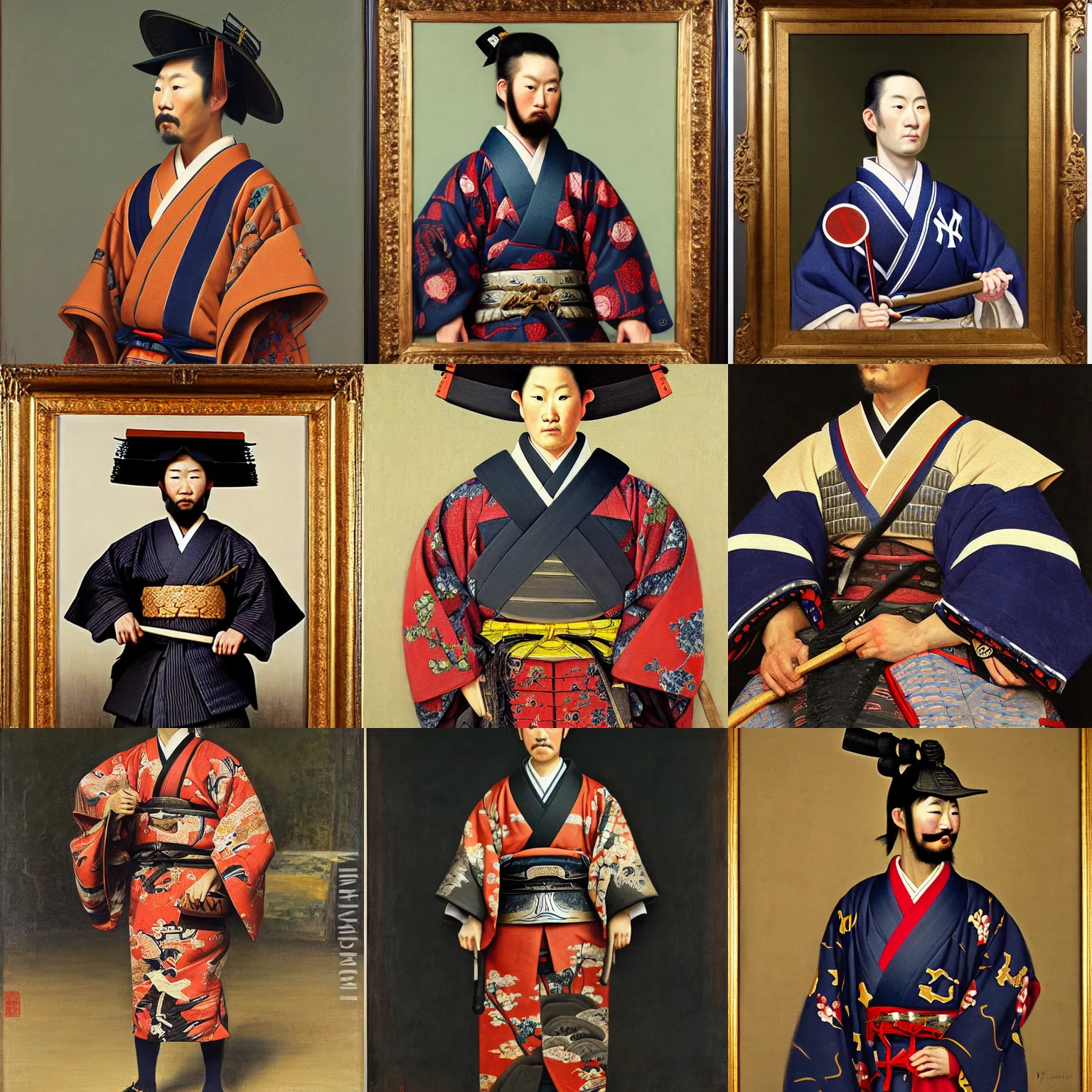 Prompt: portrait of a samurai, new york yankees themed kimono, oil on canvas by william sidney mount, 1 8 8 8 digital art