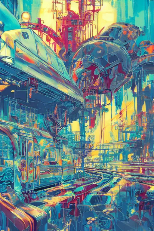 Image similar to trains covered in dripping colorful graffiti paint, painterly, james jean, yoshitaka amano, hiroshi yoshida, moebius, loish, artgerm, painterly, symmetrical, ultra detailed, hyper realistic, illustration, sunset lighting