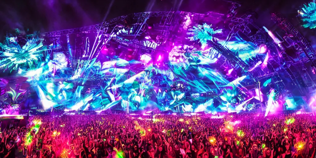 Prompt: the main stage at electric daisy carnival in the year 2 0 4 0, volumetric lighting, dynamic lighting, cinematic